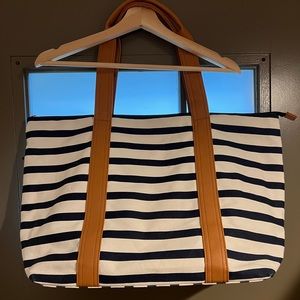 Large blue and white striped tote